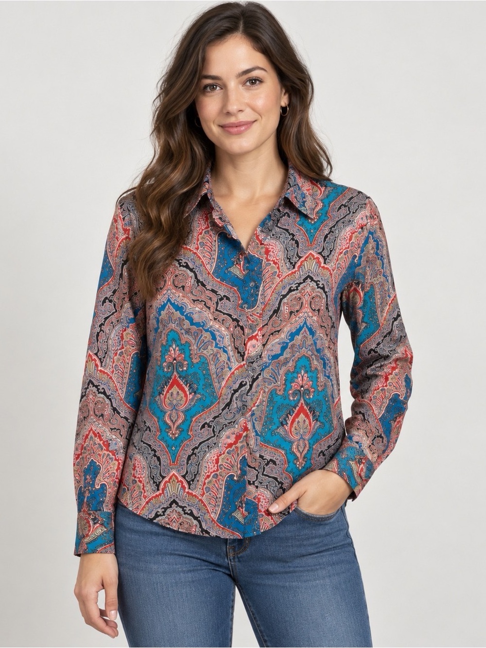 J. Crew Teal, Coral and Gray Paisley Button-Front Blouse